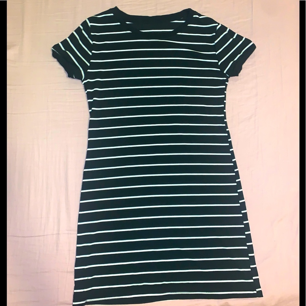 Navy Blue Striped Short Cap Sleeve Tshirt Tunic Dress Small